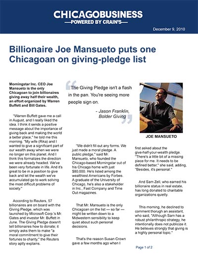 Billionaire Joe Mansueto puts one Chicagoan on giving-pledge list