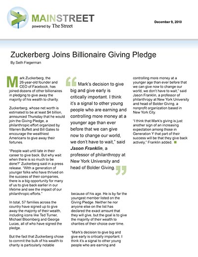 Zuckerberg Joins Billionaire Giving Pledge